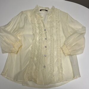 Women’s Zara Cream sheer blouse with ruffles and rhinestone buttons NWOT small